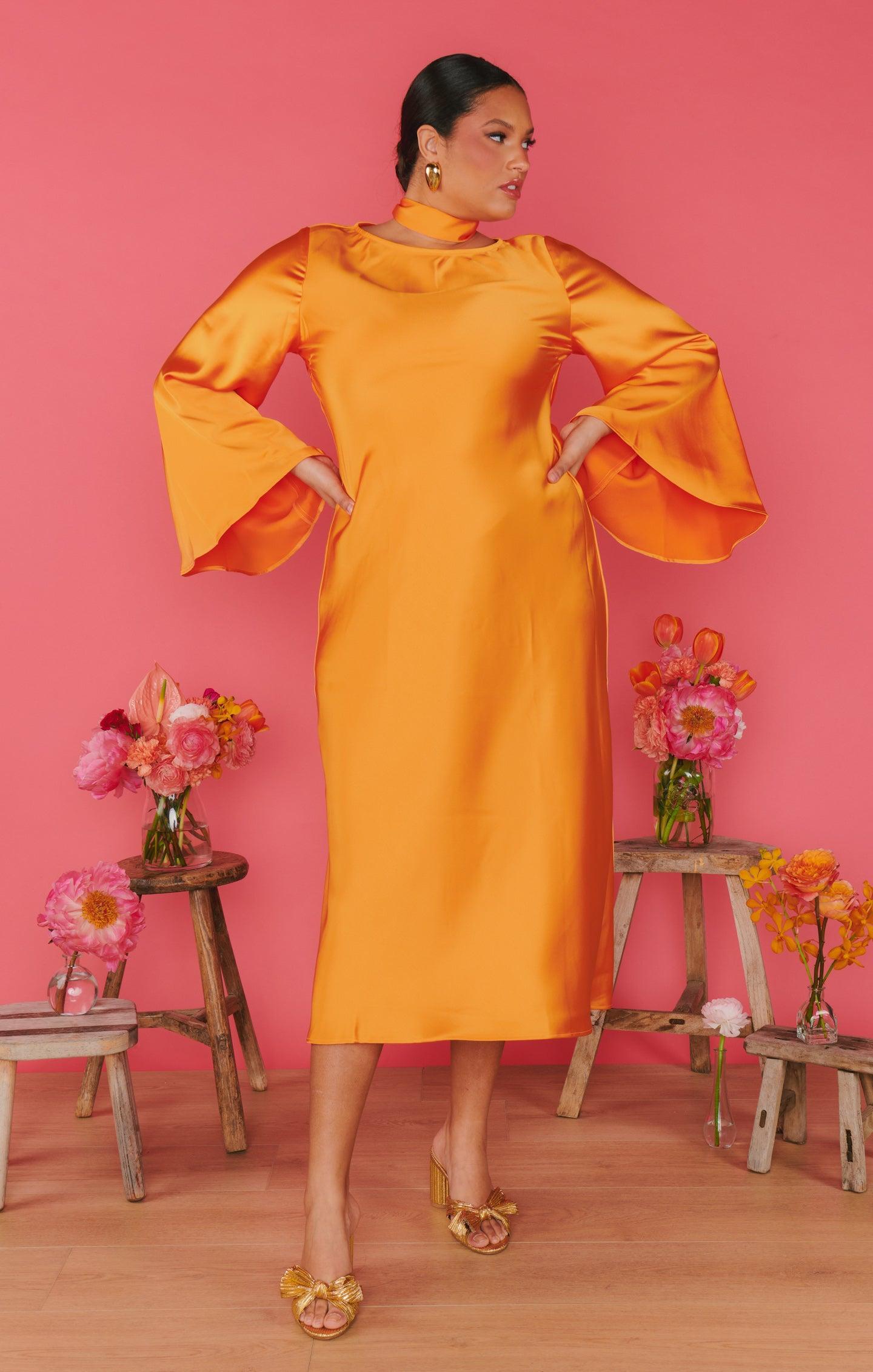 Sarah Midi Dress ~ Tangerine Fluid Satin Product Image