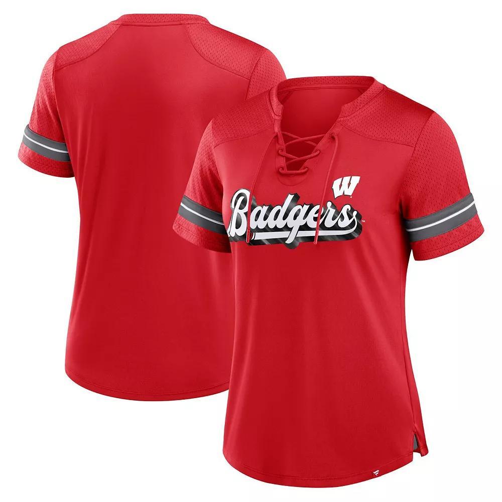 Women's Fanatics Red Wisconsin Badgers Fundamental Overtime Readiness Athena Lace-Up V-Neck T-Shirt, Size: Large Product Image