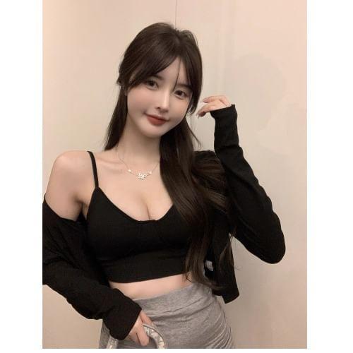 Plain Cropped Camisole Top / Cardigan / High Waist Mini Pencil Skirt Product Image
