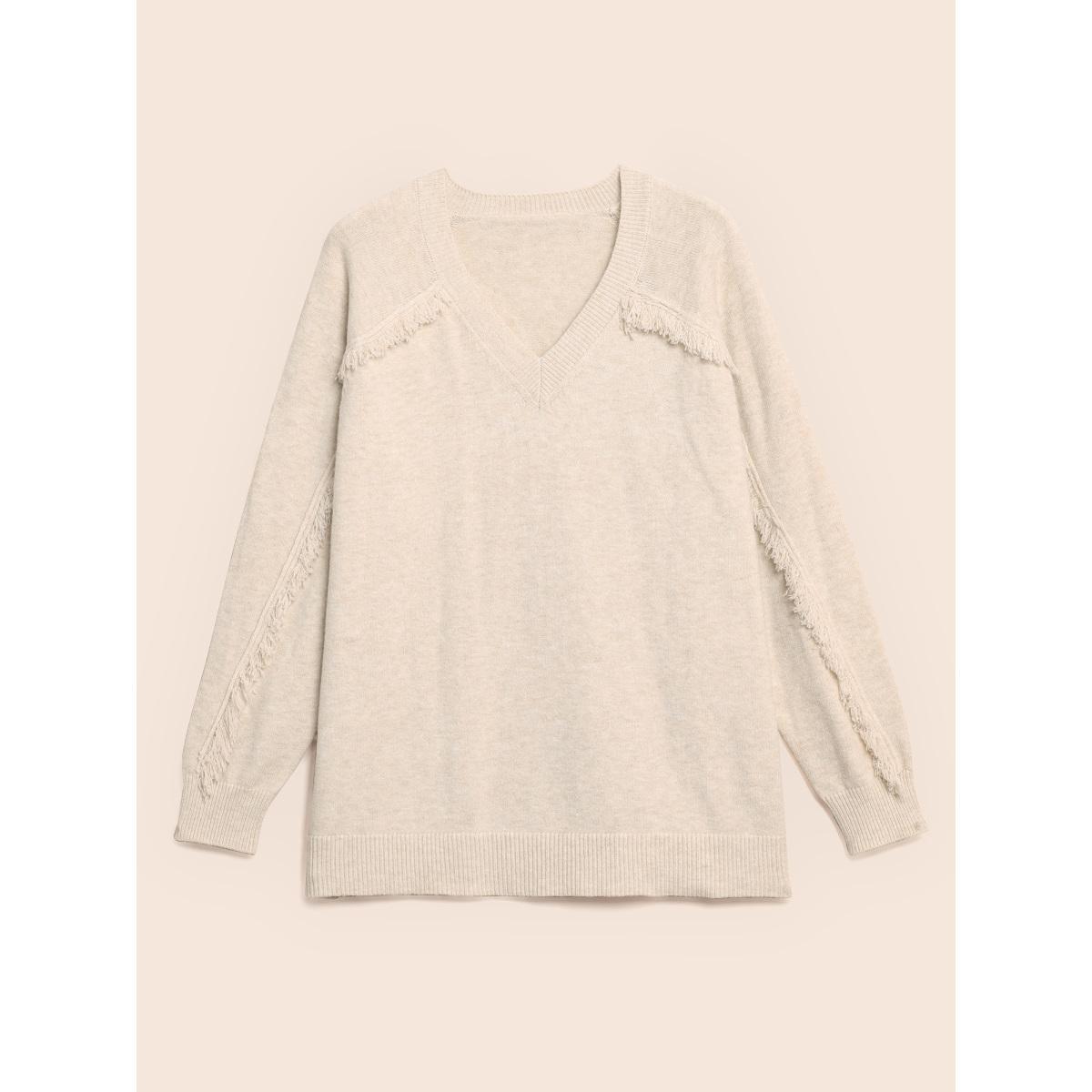 Plus Size V Neck Raglan Sleeve Fuzzy Trim Pullover Apricot Women Casual Long Sleeve V-neck Everyday Pullovers BloomChic 28/5X Product Image