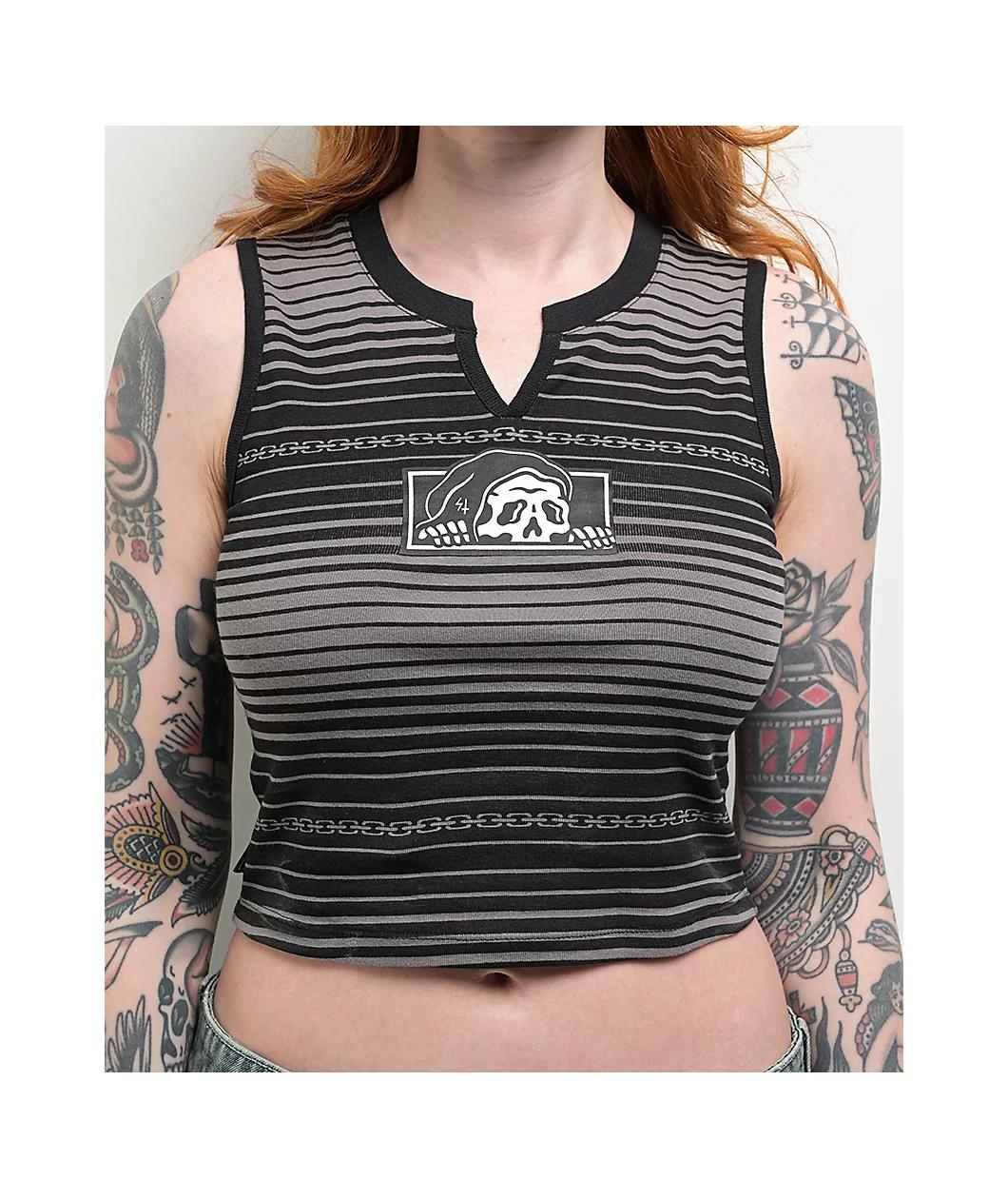 Lurking Class by Sketchy Tank Chain Stripe Black & Grey Raglan Crop Tank Top Product Image