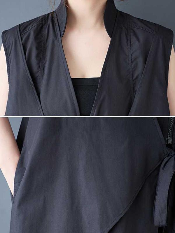 A-Line Loose Pockets Solid Color Tied Zipper V-Neck Midi Dresses Shirt Dress Product Image