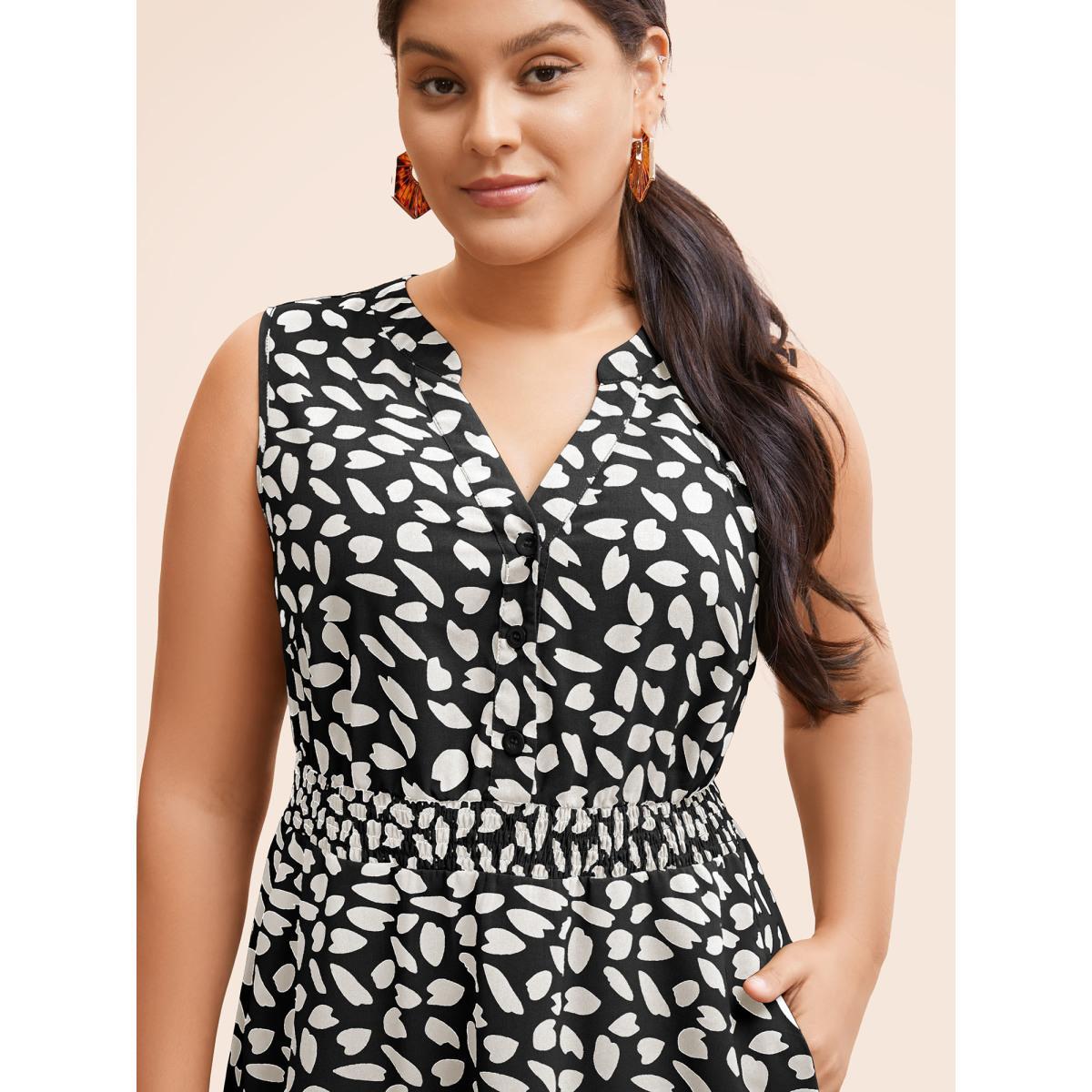 Plus Size Leopard Print Notched Shirred Tank Dress Black Women At the Office Button Flat collar with V-notch Sleeveless Curvy BloomChic 28/5X Product Image