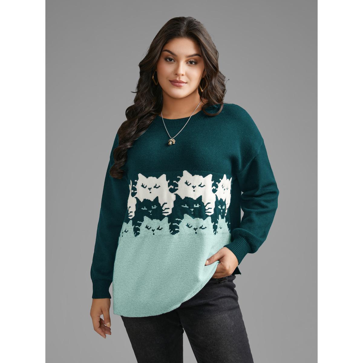 Plus Size Cat Contrast Drop Shoulder Pullover Cyan Women Casual Loose Long Sleeve Round Neck Everyday Pullovers BloomChic 12/L Product Image