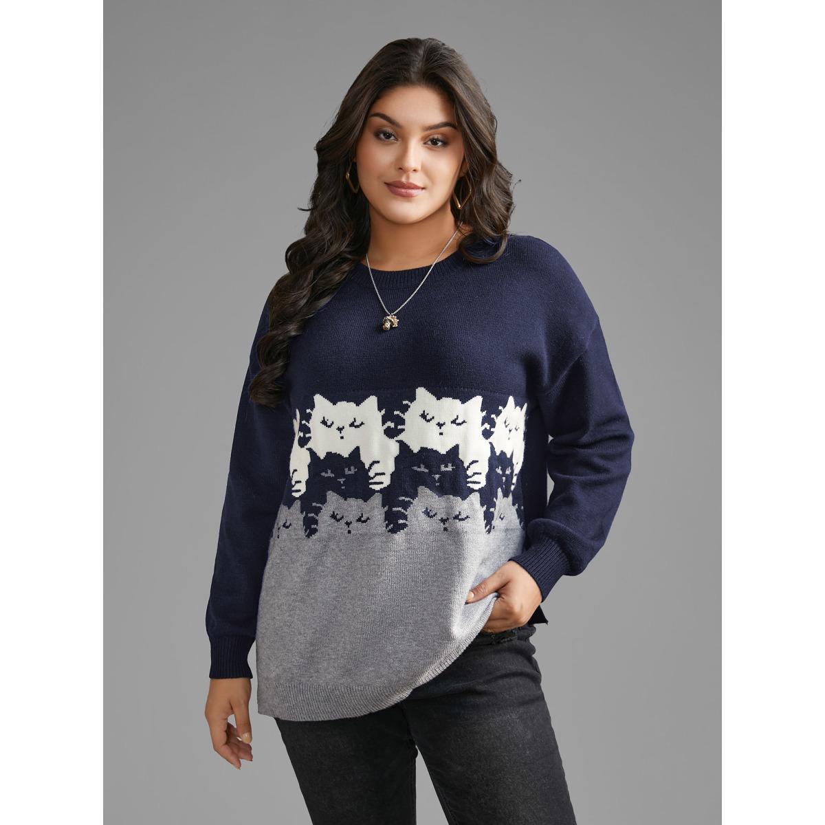 Plus Size Cat Contrast Drop Shoulder Pullover Indigo Women Casual Loose Long Sleeve Round Neck Everyday Pullovers BloomChic 14-16/1X Product Image