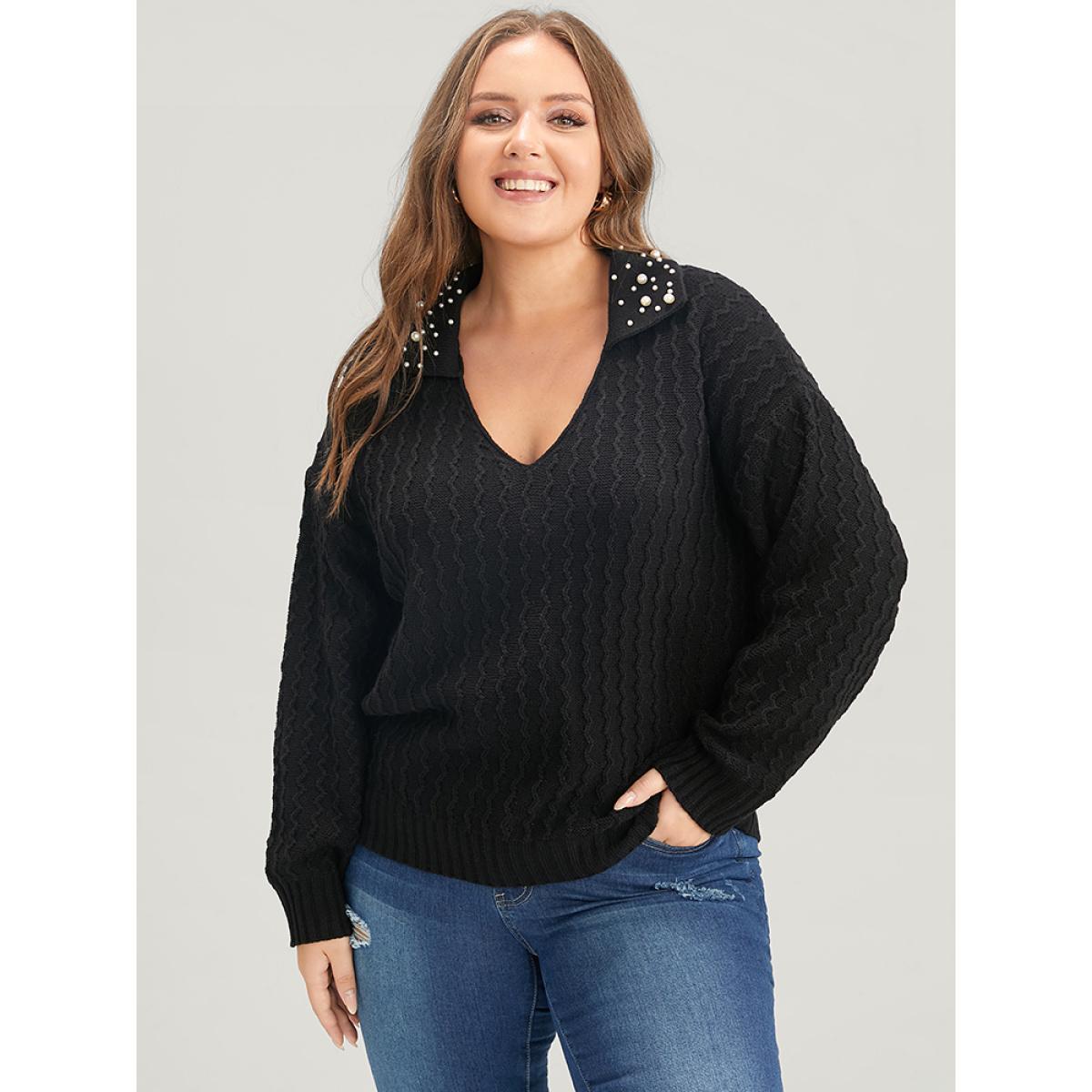 Plus Size Solid Pointelle Knit Pearls Beaded Collar Neck Knit Top Black Women Elegant Long Sleeve Lapel Collar Dailywear Pullovers BloomChic 22-24/3X Product Image