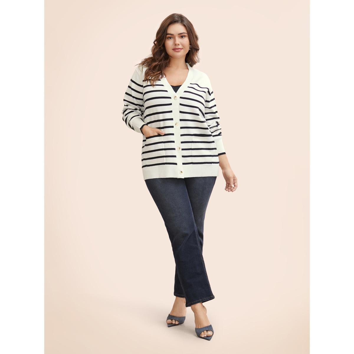 Plus Size Supersoft Essentials Striped Button Up Cardigan Ivory Women Casual Loose Long Sleeve Everyday Cardigans BloomChic 18-20/2X Product Image