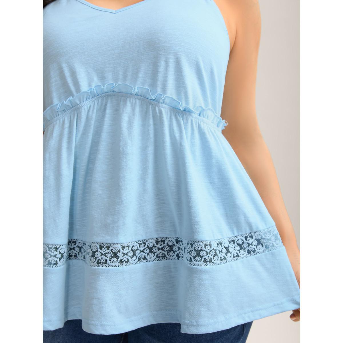 Plus Size Lace Trim Pleated Plain Tank Top Women LightBlue Woven ribbon&lace trim Non Vacation Tank Tops Camis BloomChic 18-20/2X Product Image