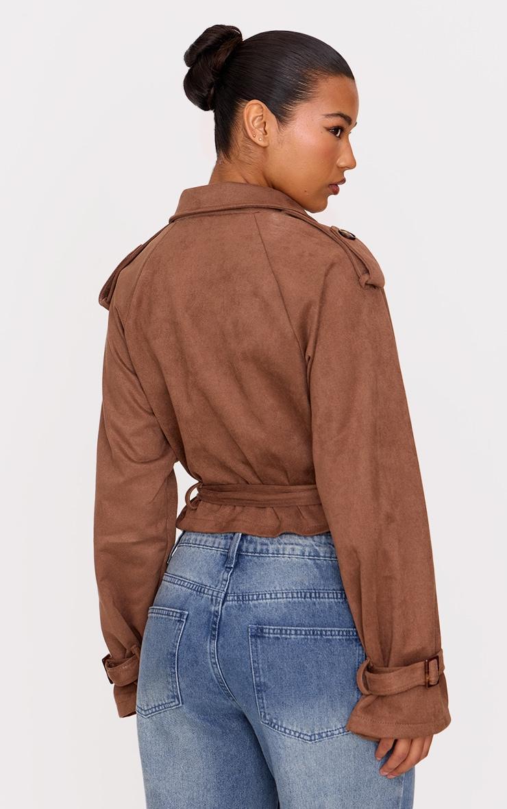 Brown Cropped Faux Suede Belted Trench Coat Product Image