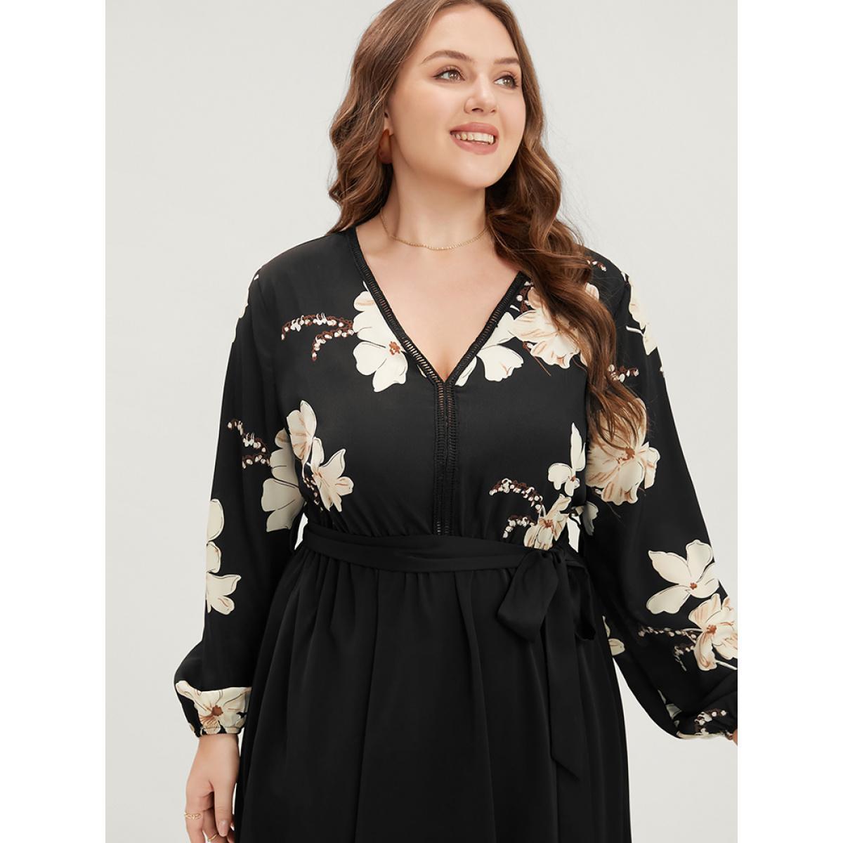 Plus Size Floral Pocket Broderie Anglaise Lantern Sleeve Belted Flutter Dress BlackFlower Women Elegant Pocket V-neck Long Sleeve Curvy Midi Dress BloomChic 26/4X Product Image