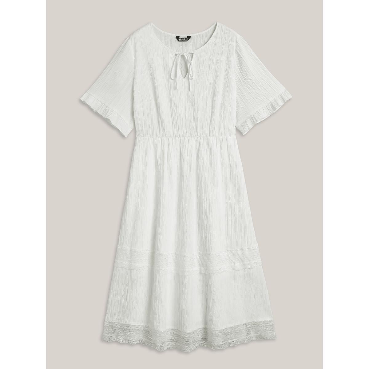 Plus Size Textured Cut-Out Lace Tied Midi Dress Beige Women Woven ribbon&lace trim V-neck Half Sleeve Curvy BloomChic 18-20/2X Product Image