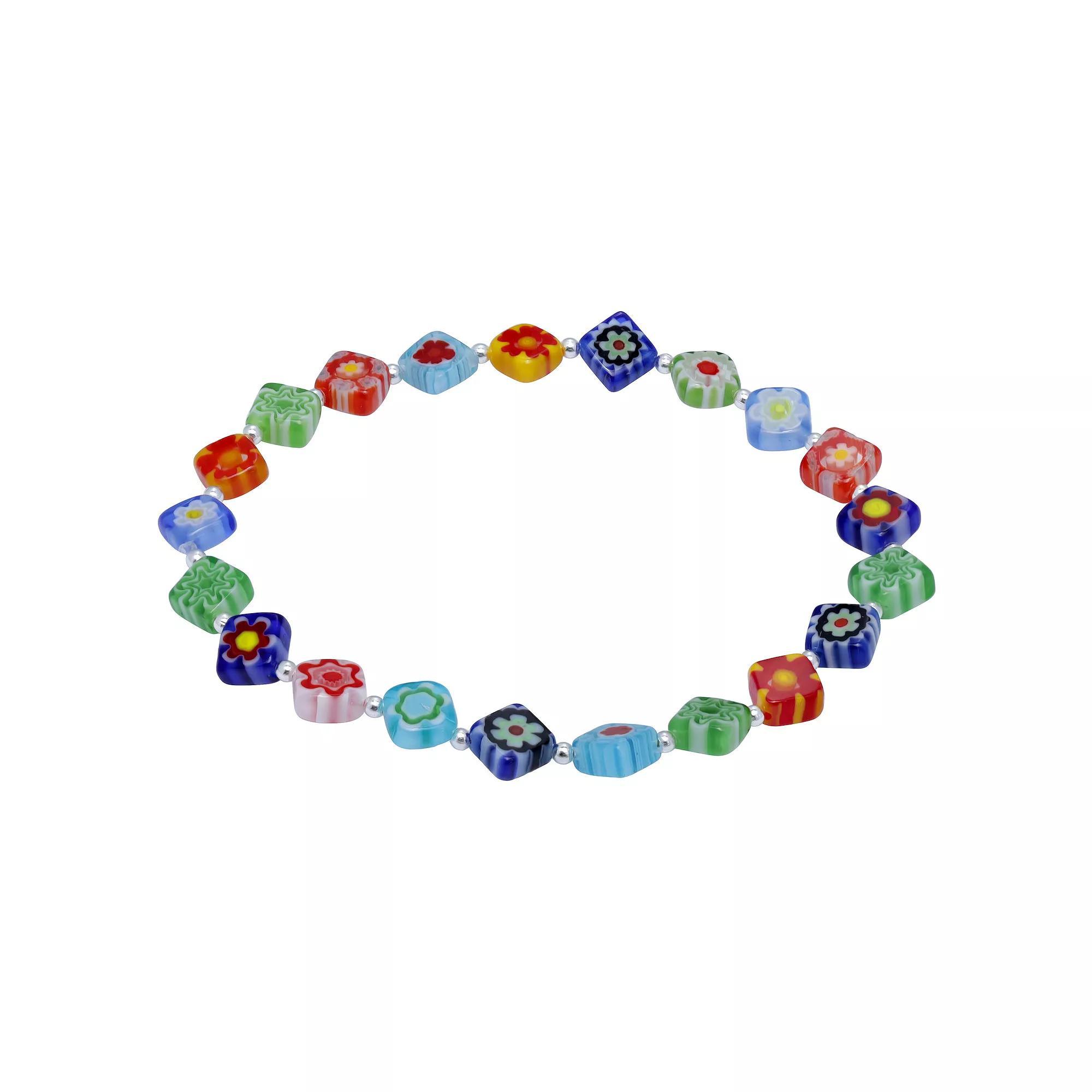 Aleure Precioso Sterling Silver Square Multi Color Glass Bead Stretch Bracelet, Women's, Size: 7.5", Silver Tone Team Product Image