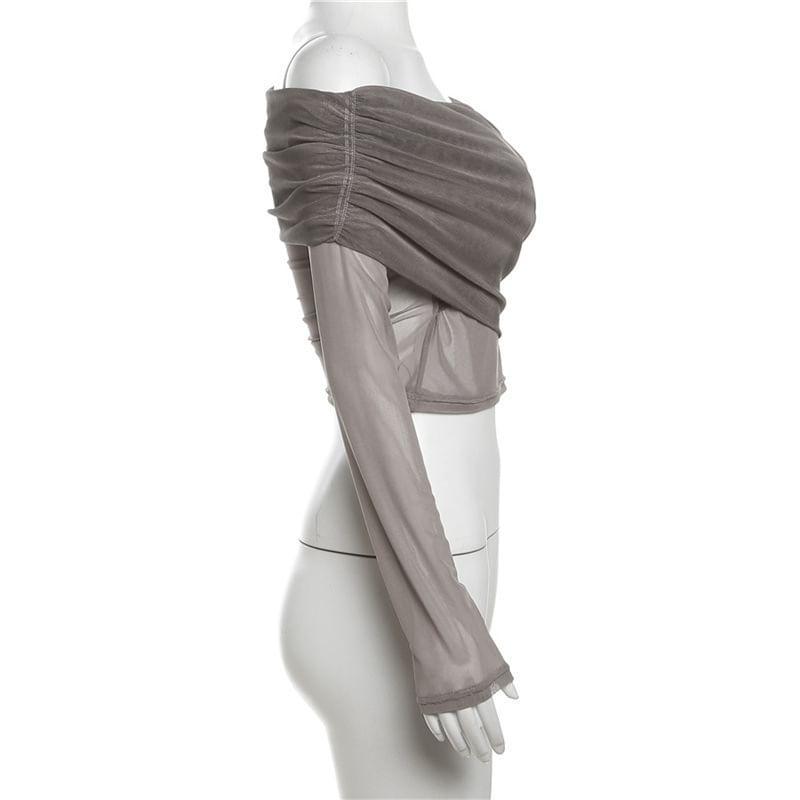 Off Shoulder Long Sleeve Plain Ruched Mesh Panel Crop Top Product Image