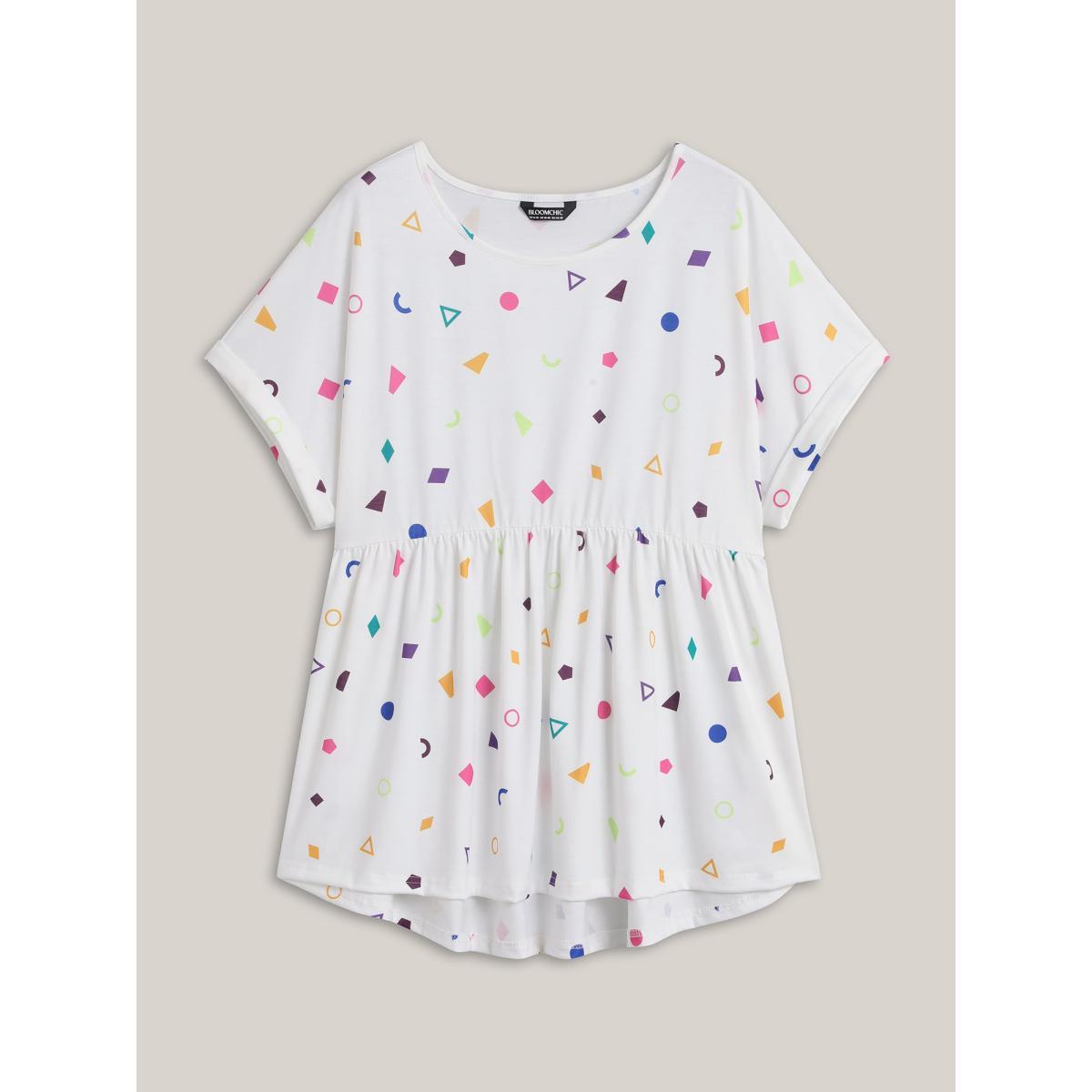 Plus Size Fun Geometric Print Babydoll Top Ivory Women Gathered Round Neck Everyday-Casual T-shirts BloomChic 30/6X Product Image