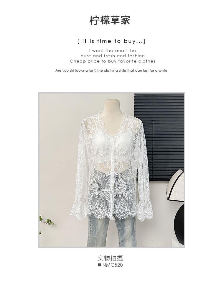 Bell-Sleeve V-Neck Sheer Lace Shirt Product Image