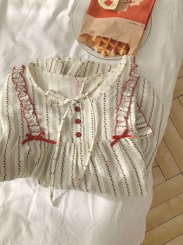 Floral Print Striped Pajama Top / Pants / Dress / Set Product Image