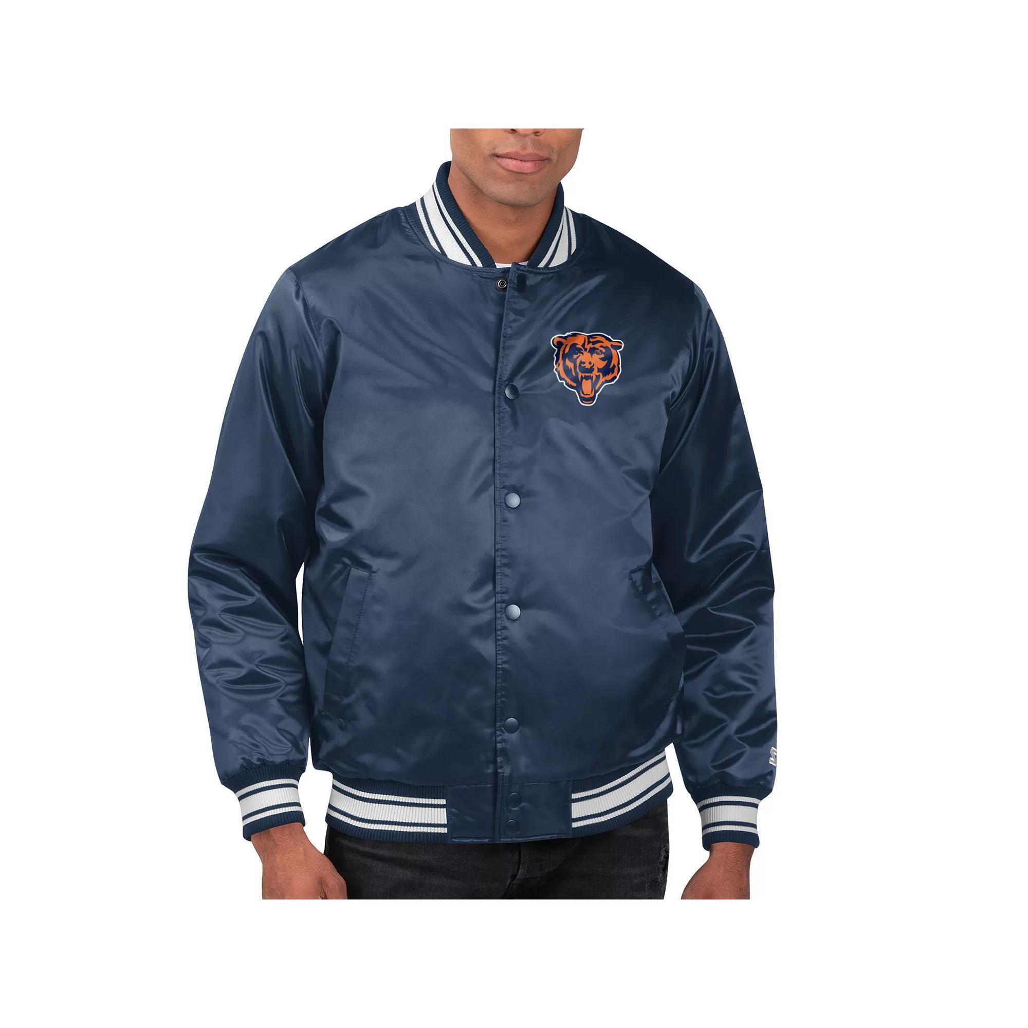 Men's Starter Navy Chicago Bears Printed Team Logo Satin Varsity Full-Snap Jacket, Size: Large, Blue Product Image