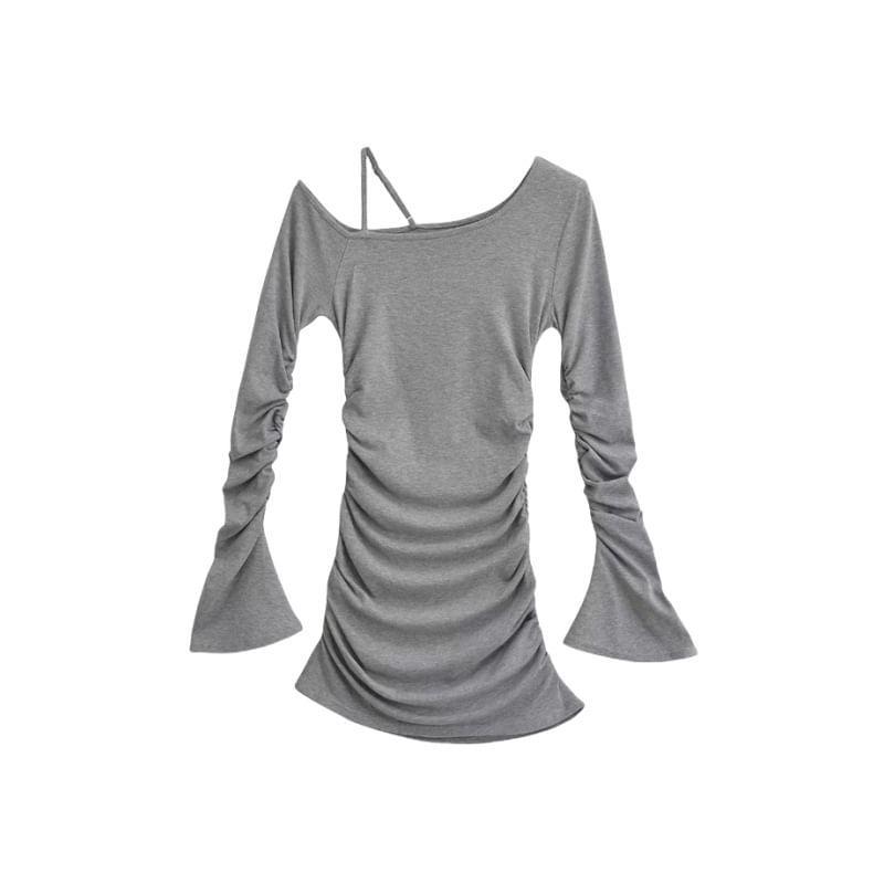 Long Sleeve Cold Shoulder Plain Ruched Top Product Image