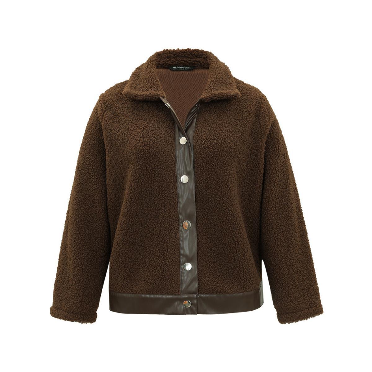 Plus Size PU Leather Patchwork Metal Detail Teddy Jacket Women DarkBrown Patchwork Dailywear Jackets BloomChic 12/L Product Image