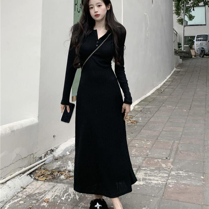 Long Sleeve Henley Ribbed Maxi A-Line Dress Product Image