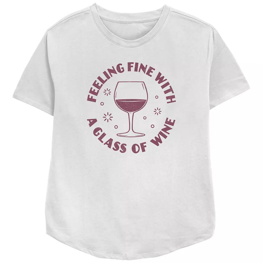 Women's Trendy Feeling Fine With A Glass Of Wine Text Relaxed Fit Graphic Tee, Girl's, Size: Medium, White Product Image