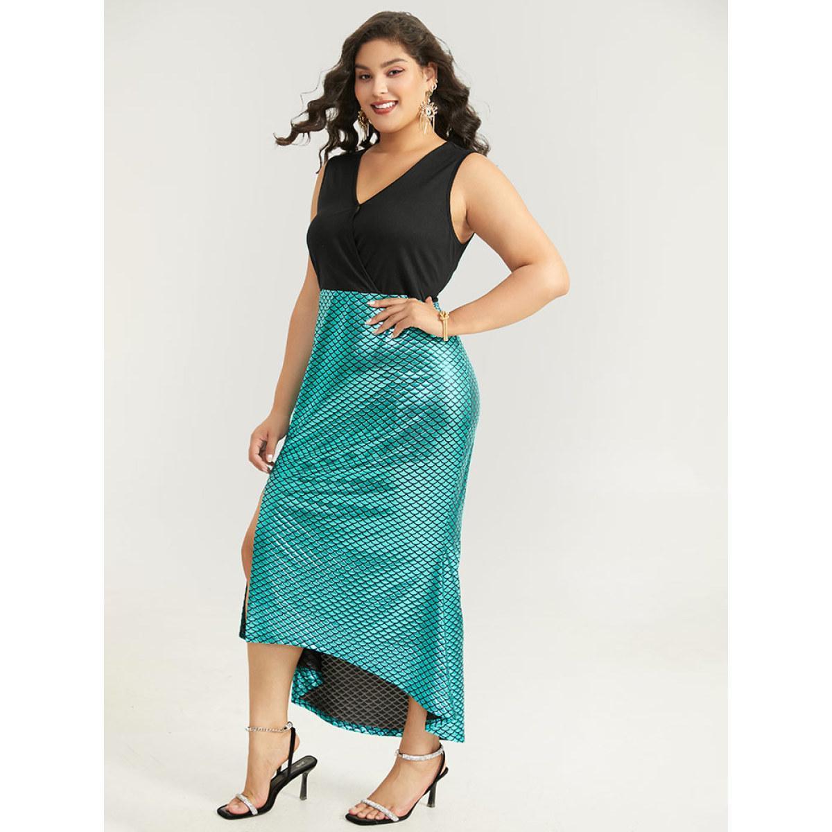 Plus Size Halloween Sequin Patchwork Split Hem Sleeveless Dress Black Women Party Patchwork V-neck Sleeveless Curvy Midi Dress BloomChic 18-20/2X Product Image