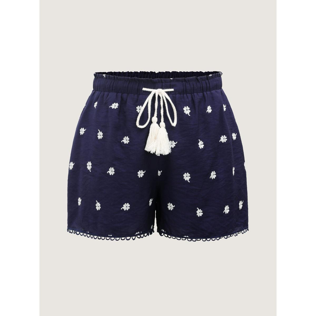 Plus Size Floral Embroidered Drawstring Wide Leg Shorts Women Indigo Casual Embroidered Wide Leg Everyday-Casual Shorts BloomChic 14-16/1X Product Image