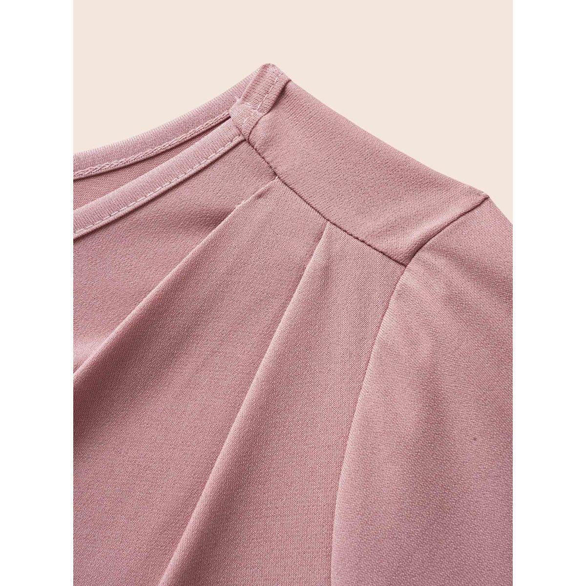 Plus Size Solid Round Neck Plicated Detail T-shirt Rouge Women Elegant Pleated Round Neck Everyday T-shirts BloomChic 30/6X Product Image