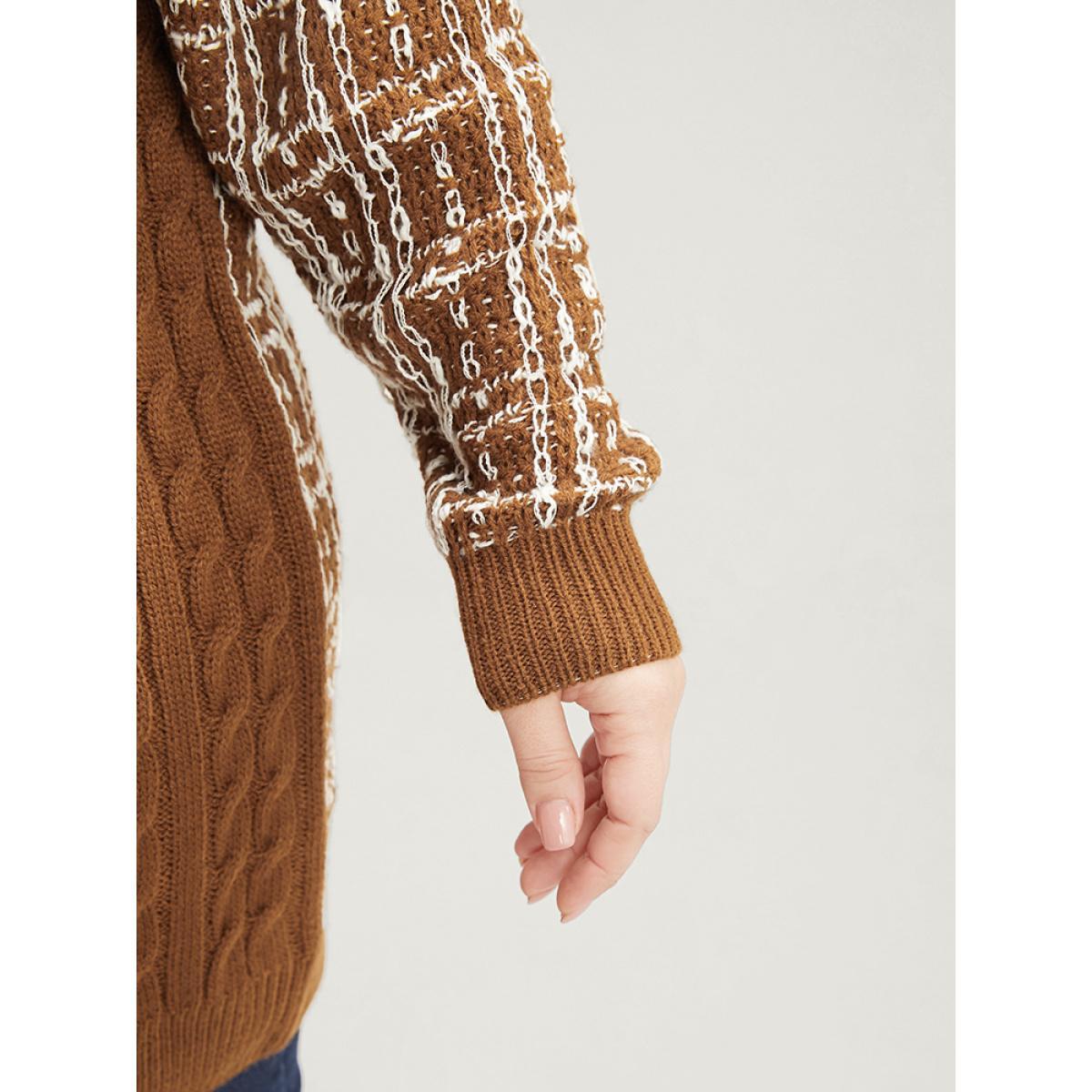 Plus Size Gingham Contrast Soft Sexy Yarn Knit Cable Knit Button Front Cardigan Bronze Women Casual Loose Long Sleeve Dailywear Cardigans BloomChic 18-20/2X Product Image