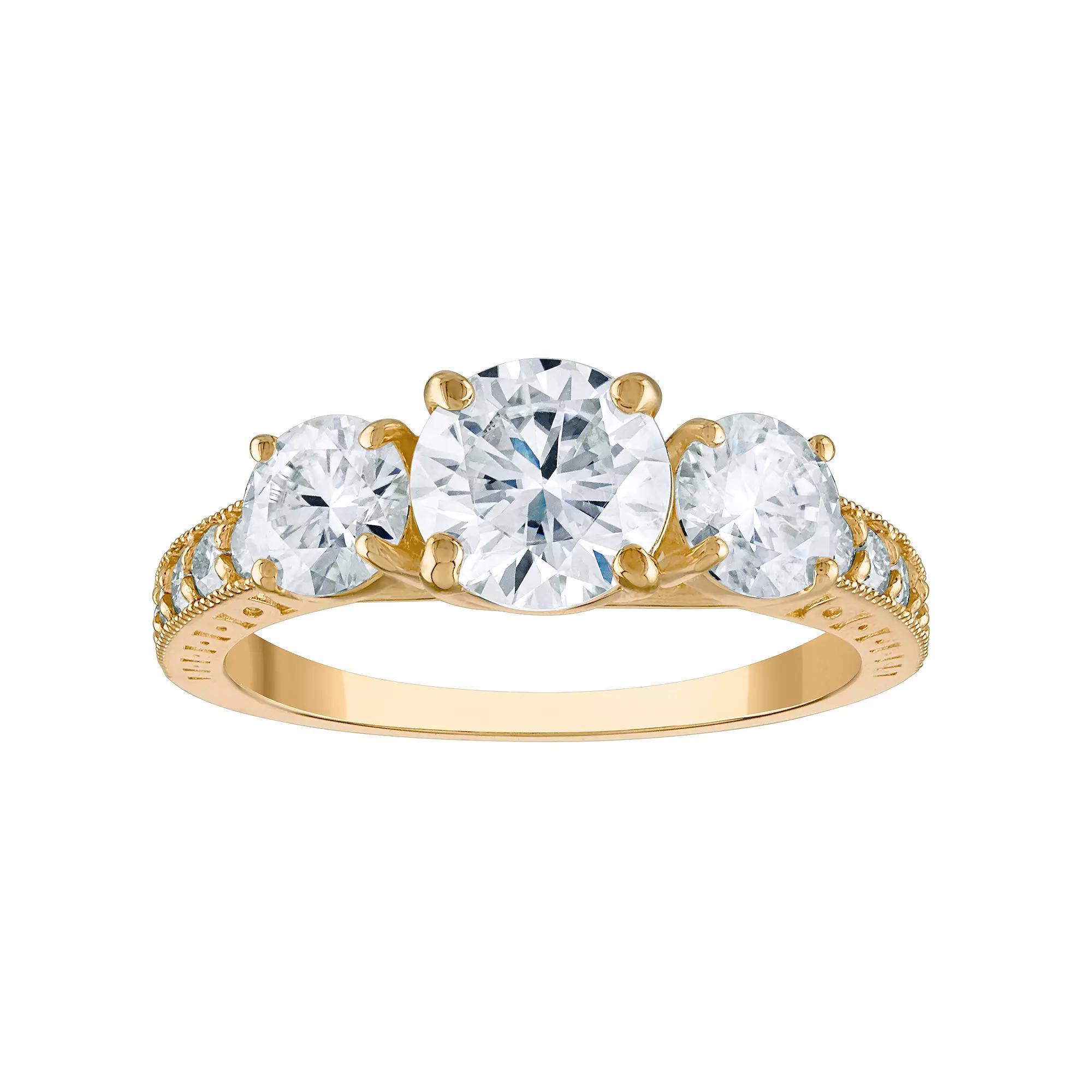 White Lotus 10k Gold 3 Carat T.W. Lab-Created Moissanite Trio Stones & Studded Band Engagement Ring, Womens Product Image