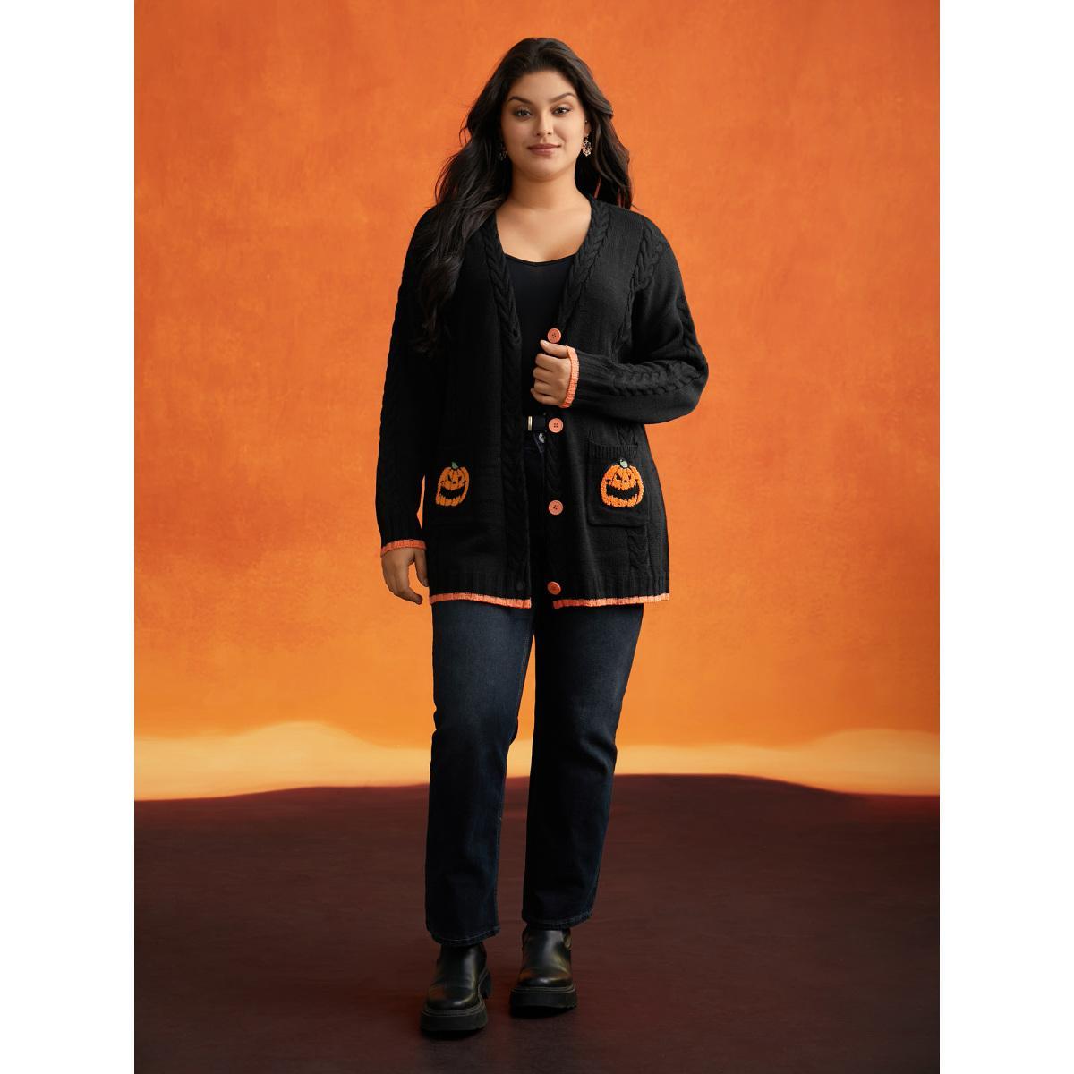 Plus Size Pumpkin Pocket Embroidered Contrasting Cardigan - For Halloween Black Women Casual Loose Long Sleeve Everyday Cardigans BloomChic 28/5X Product Image