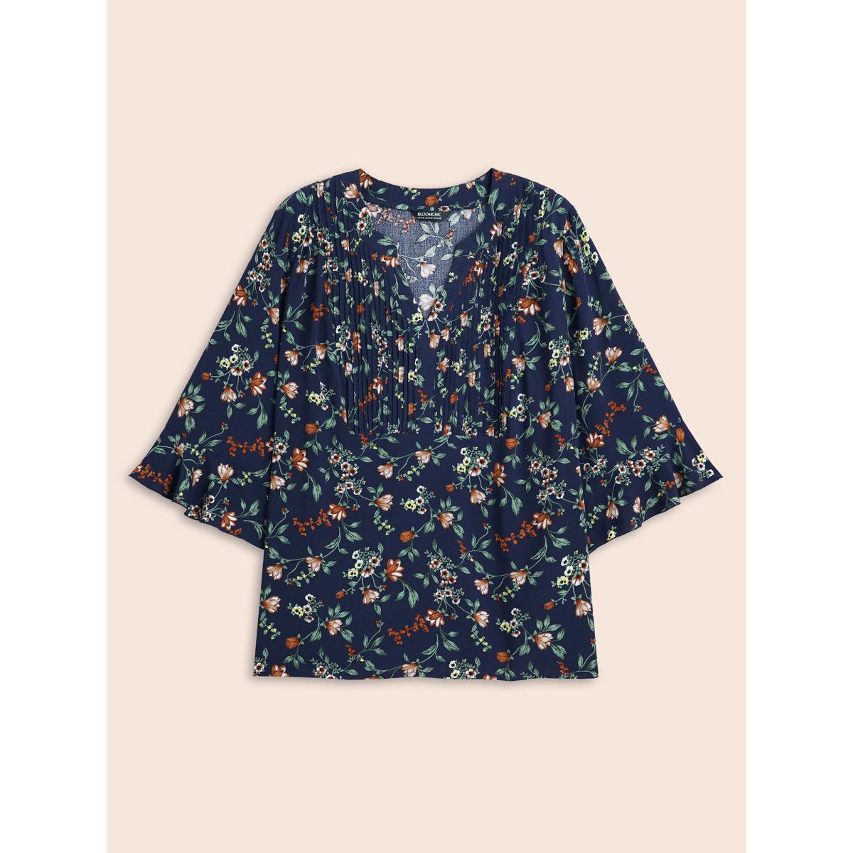 Plus Size Indigo Ditsy Floral Pleated Flutter Sleeve Blouse Women Elegant Elbow-length sleeve Flat collar with V-notch Everyday Blouses BloomChic 30/6X Product Image
