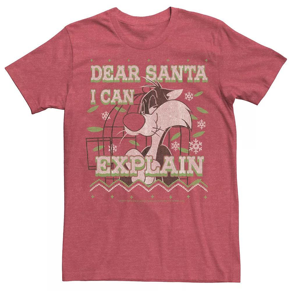 Men's Looney Tunes Christmas Sylvester Dear Santa I Can Explain Tee, Size: Medium, Red Grey Product Image