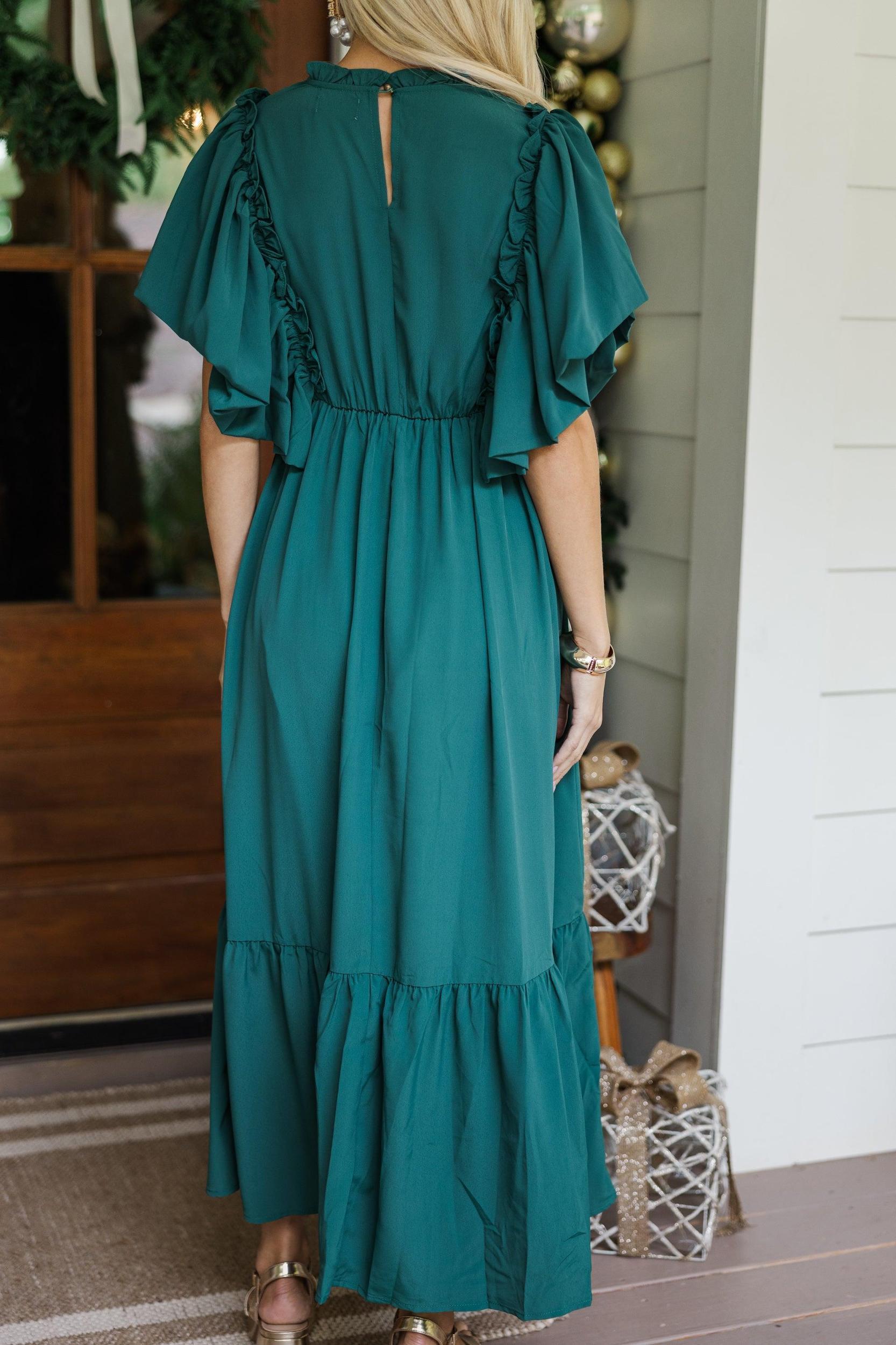 All The Good Emerald Green Ruffled Midi Dress Female Product Image
