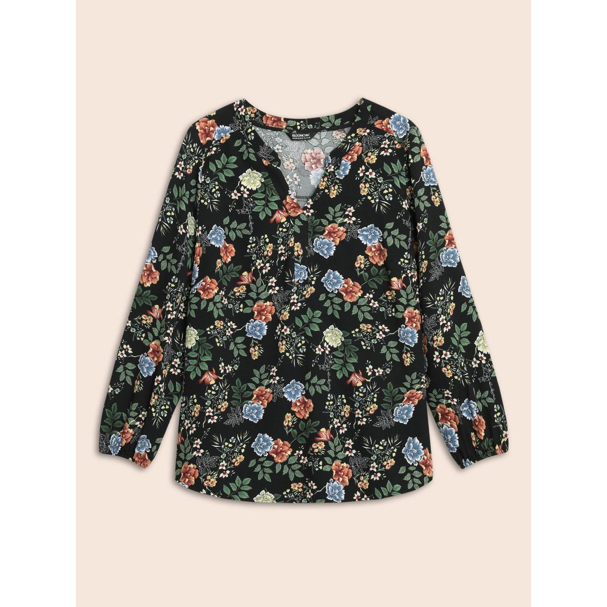 Plus Size Black Floral Notched Pleated Lantern Sleeve Blouse Women Elegant Extra Long Sleeve Notched collar Everyday Blouses BloomChic 22-24/3X Product Image