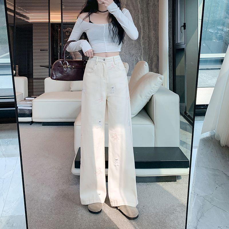 High Waist Bear & Bow Embroidered Straight-Fit Wide-Leg Pants Product Image