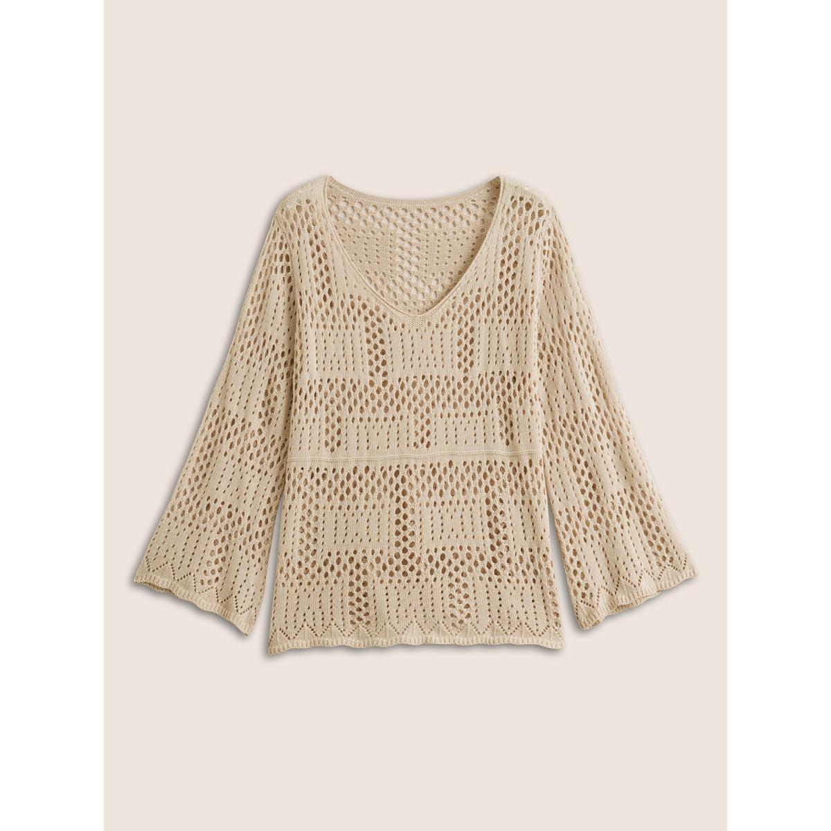 Plus Size Plain Cable Knit Scoop Neck Bell Sleeve Pullover Apricot Women Casual Long Sleeve Scoop Neck Everyday Pullovers BloomChic 14-16/1X Product Image