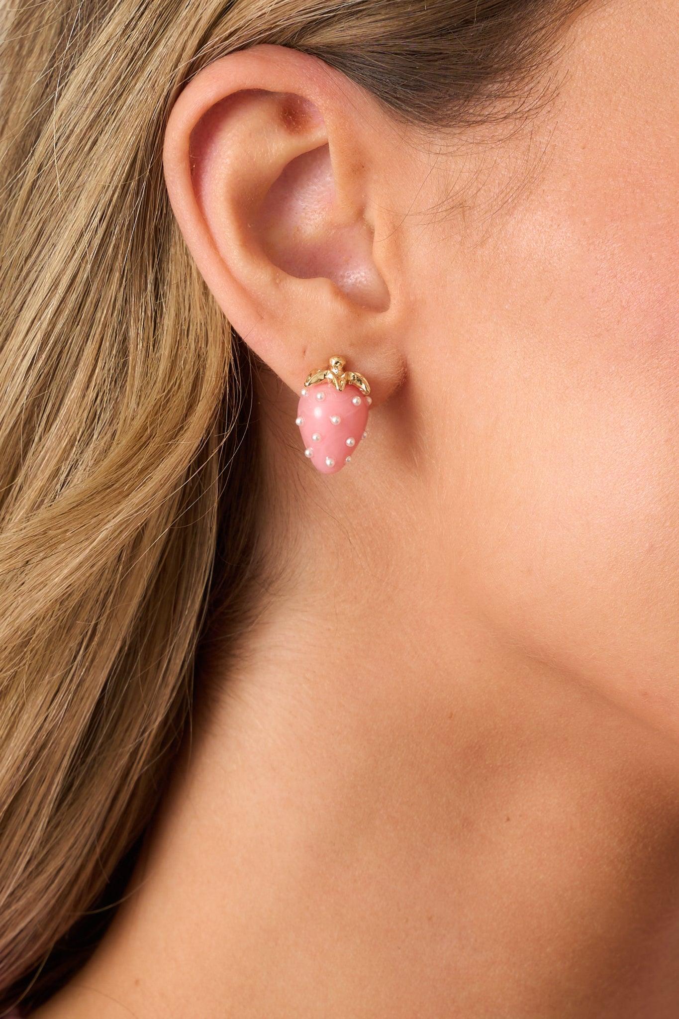 Too Sweet To Me Pink & Pearl Strawberry Earrings Product Image