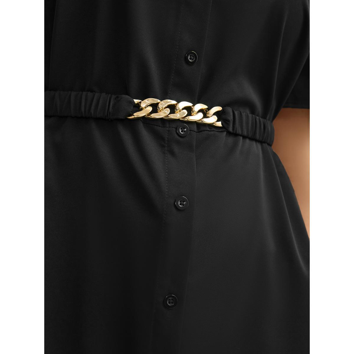 Plus Size Black Button Up Belted Collar Shirt Women At the Office Short sleeve Shirt collar Work Blouses BloomChic 26/4X Product Image