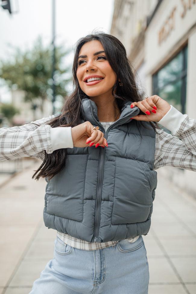 Sights To See Slate Cropped Puffer Vest FINAL SALE Product Image