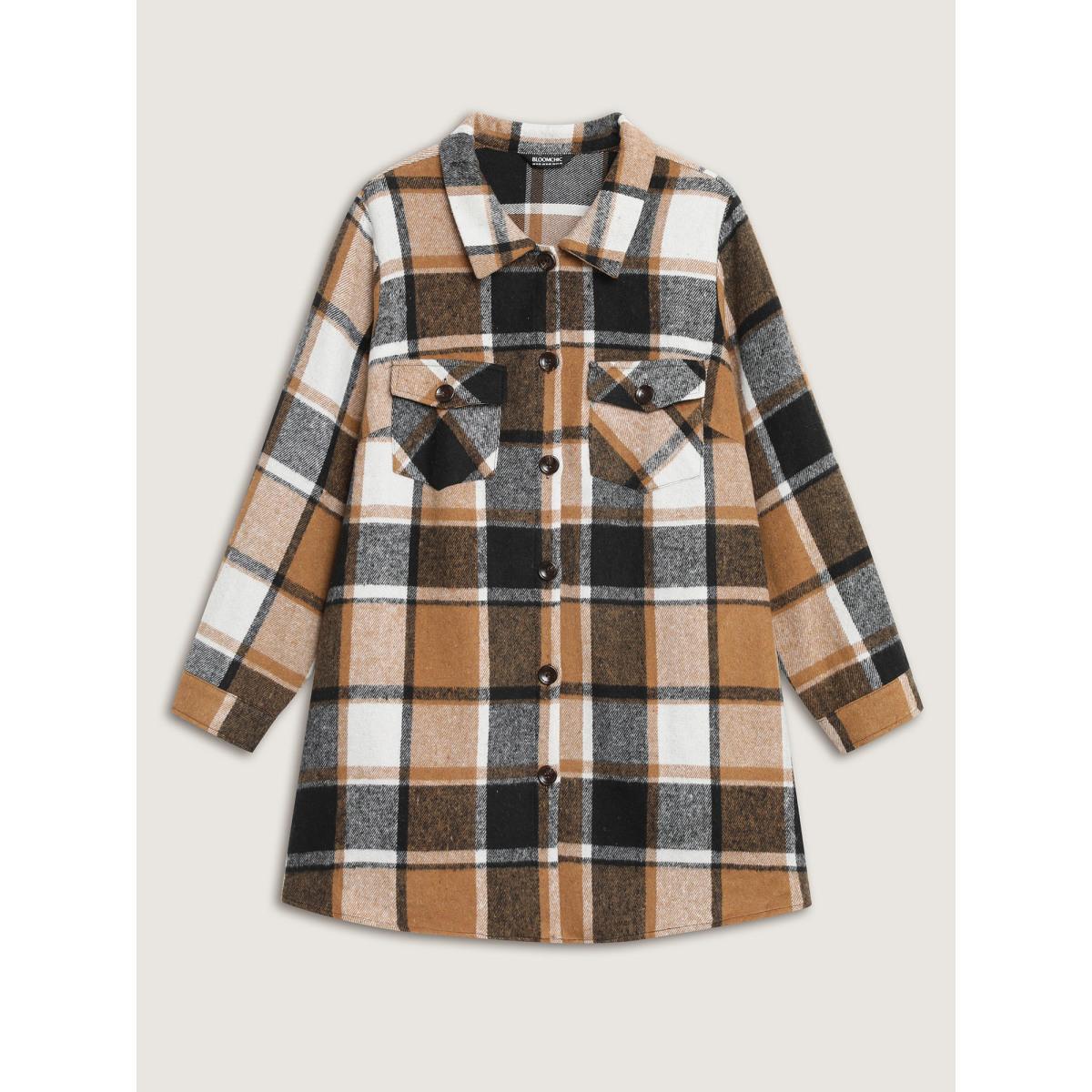 Plus Size Plaid Chest Pockets Long Jacket Women Bronze Button Loose Side seam pocket Everyday Jackets BloomChic 18-20/2X Product Image