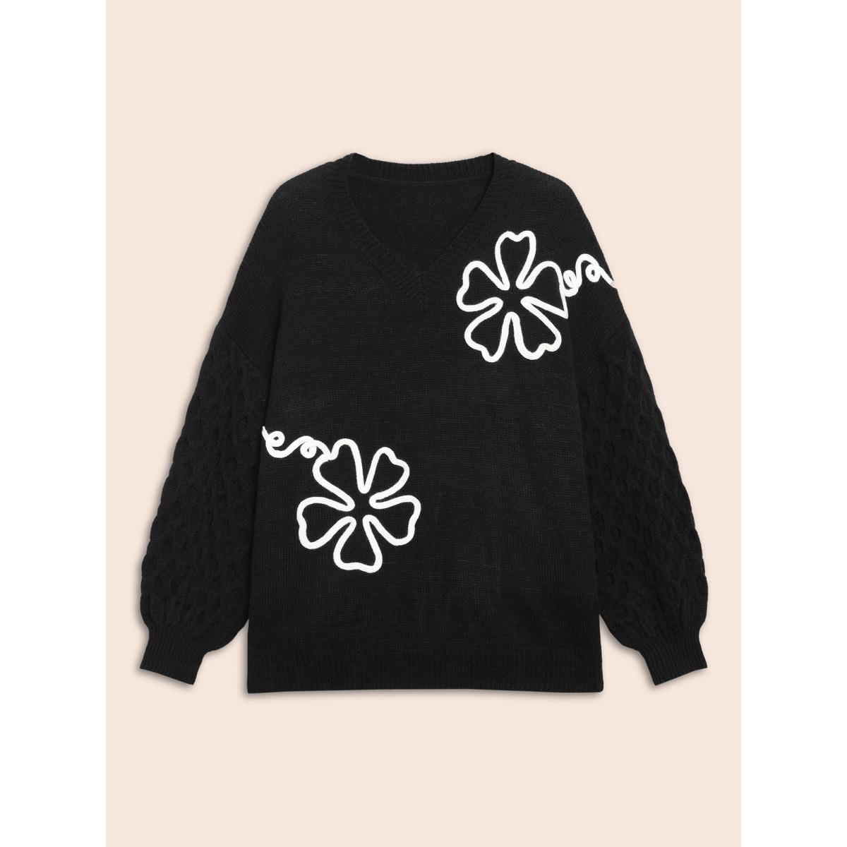Plus Size Crochet Floral Texture V Neck Pullover Black Women Casual Loose Long Sleeve V-neck Everyday Pullovers BloomChic 30/6X Product Image