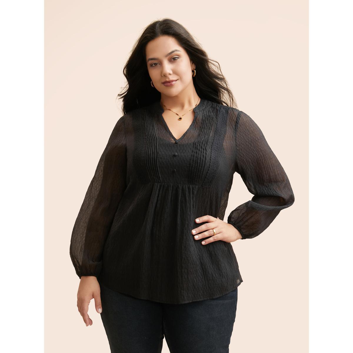 Plus Size Black Textured Lace Panel Pleated Blouse Women Elegant Long Sleeve V-neck Everyday Blouses BloomChic 12/L Product Image