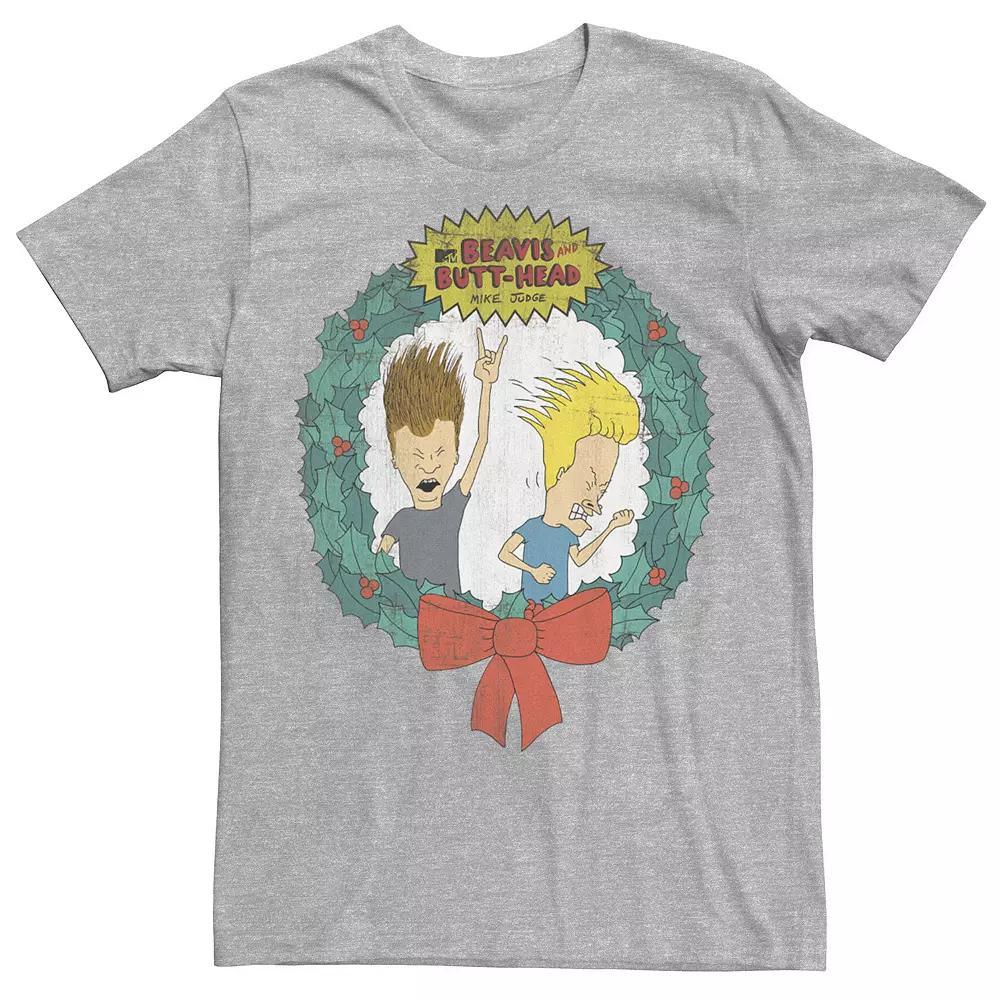 Men's Cartoon Network Beavis and Butthead Christmas Wreath Tee, Size: Medium, Kelly Grey Product Image