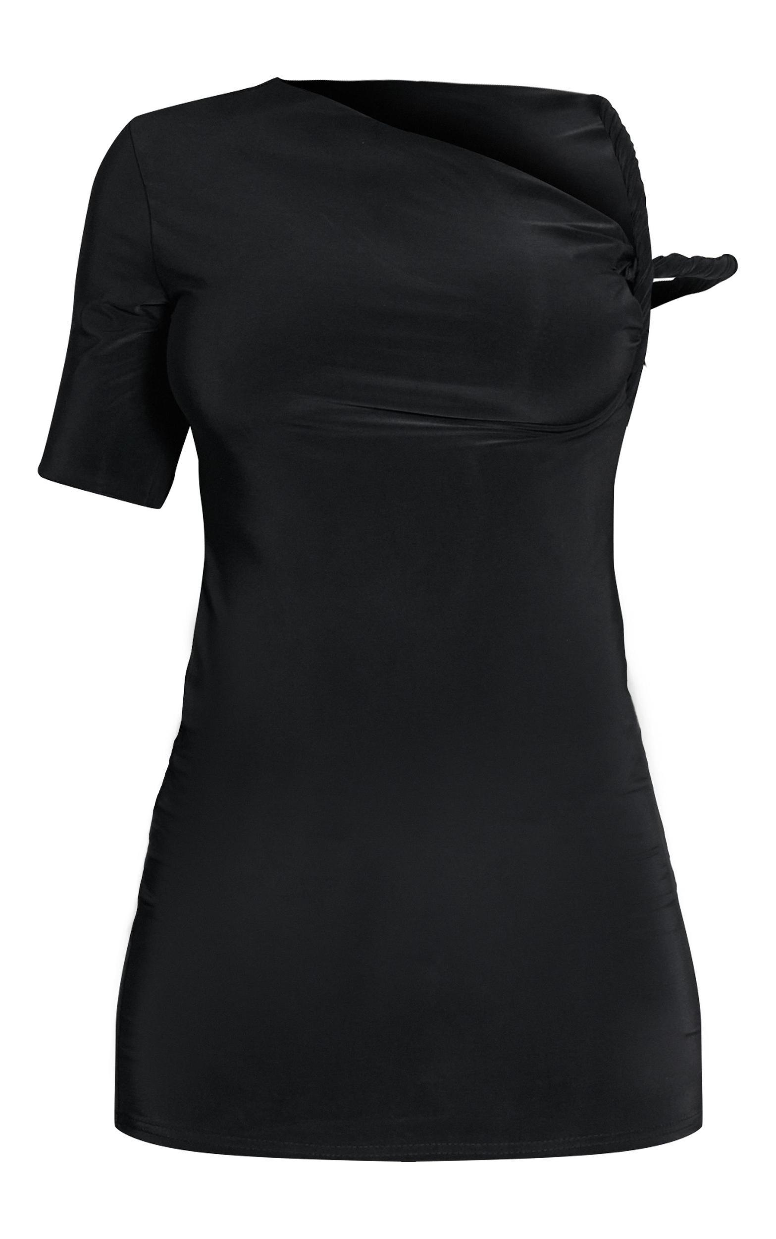 Black Slinky Twist Shoulder Bodycon Dress Product Image