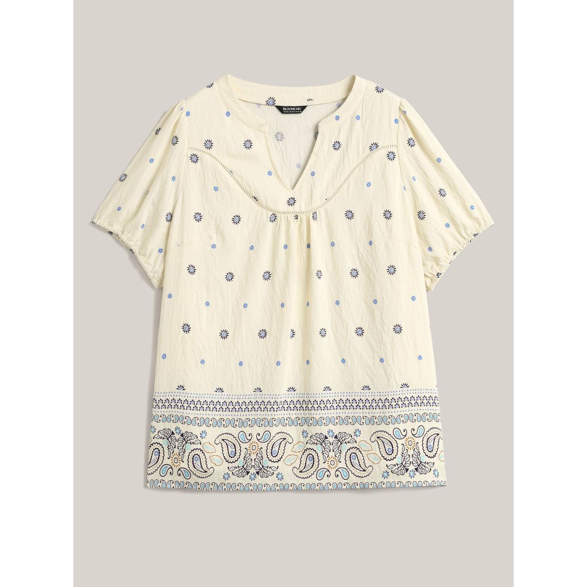 Plus Size LightBlue Boho Print Notched Collar Blouse Women Short sleeve Flat collar with V-notch Vacation Blouses BloomChic 14-16/1X Product Image