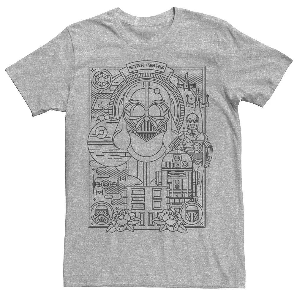 Men's Star Wars Vader Droids Tattoo Style Line Art Tee, Size: Small, Athletic Grey Product Image