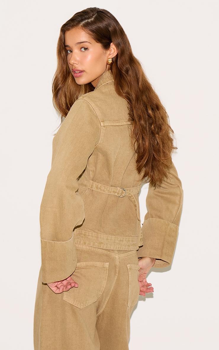  Washed Khaki Turn Up Cuff Cinched Back Denim Jacket Product Image