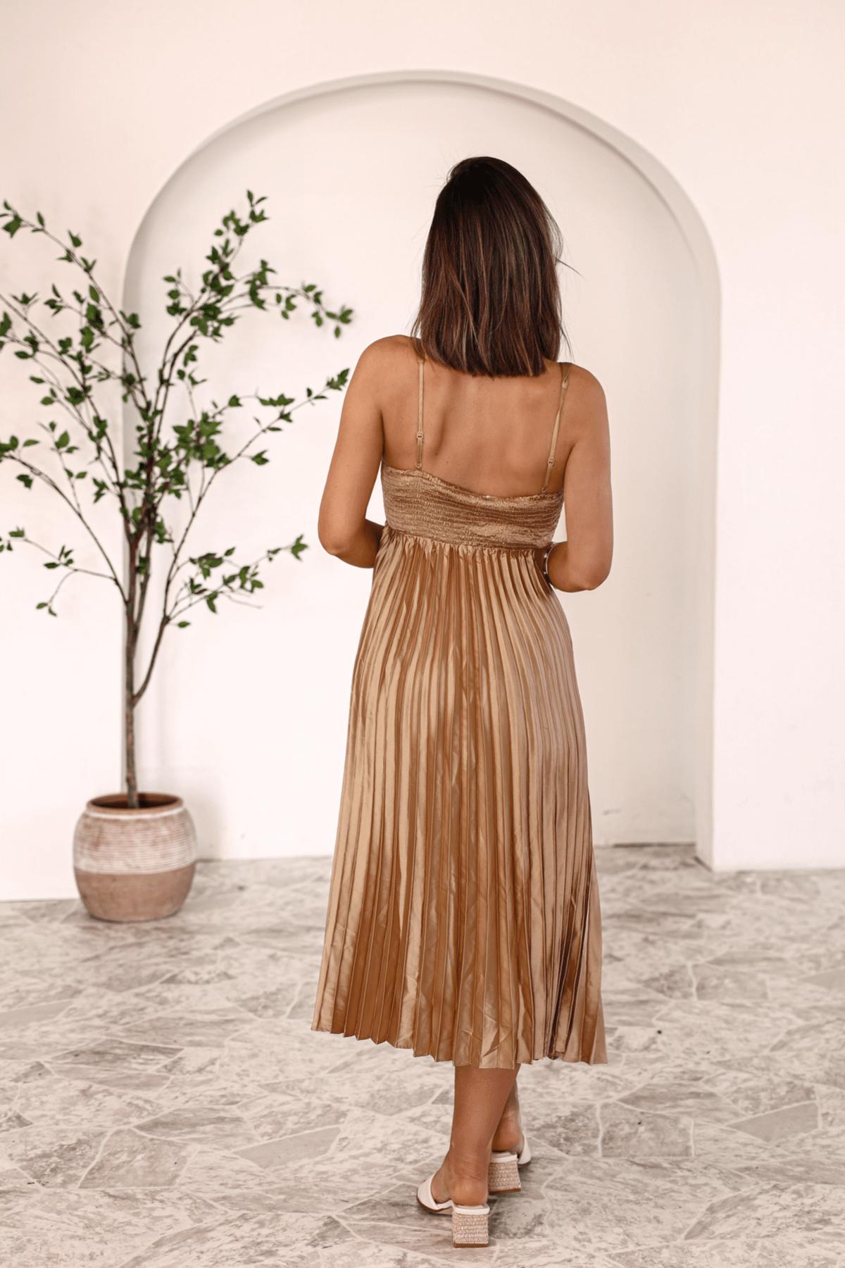 Gold Satin Pleated Midi Dress - FINAL SALE Product Image