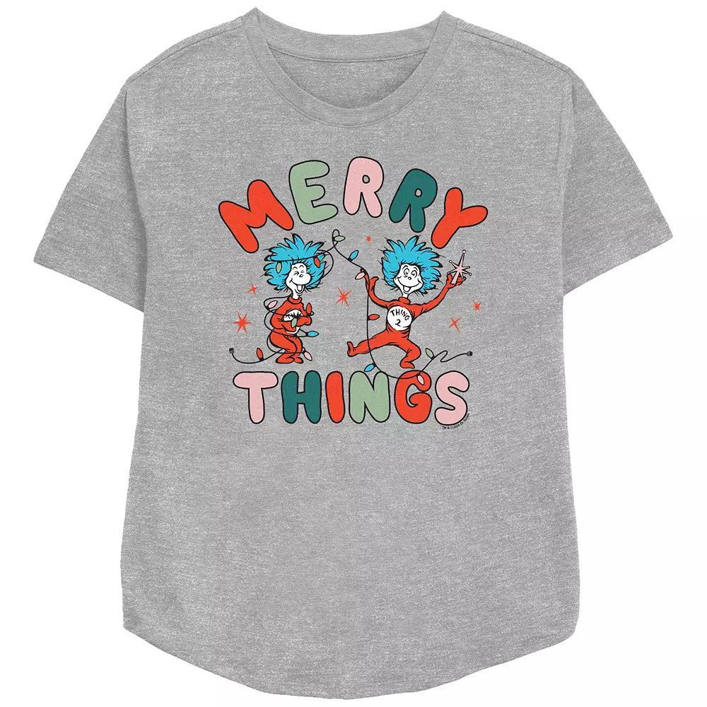Women's Dr. Seuss Thing 1 And Thing 2 Merry Things Relaxed Fit Graphic Tee, Size: Medium, Athletic Grey Product Image